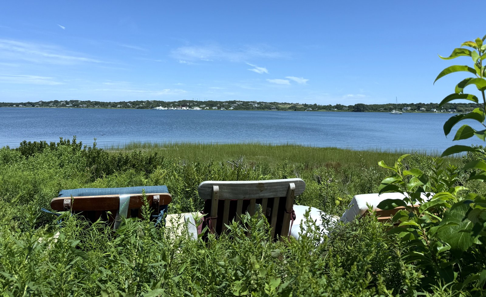 view of Lake Montauk over the tops of two steamer chairs and one chaise lounge